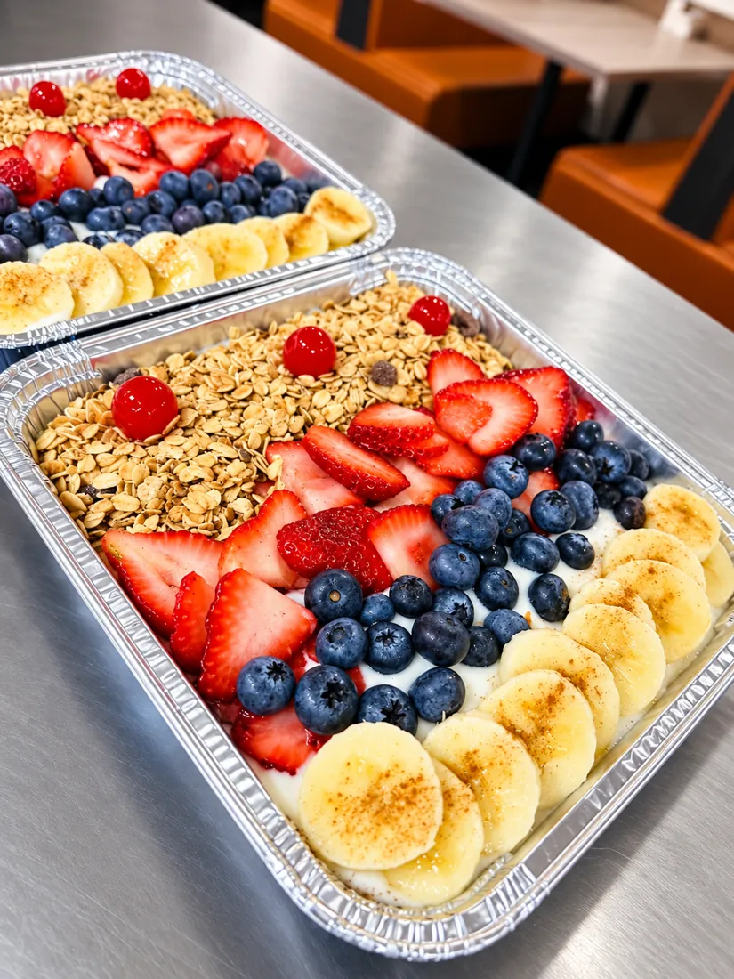 Catering trays of fruit, yogurt and granola with fresh berries