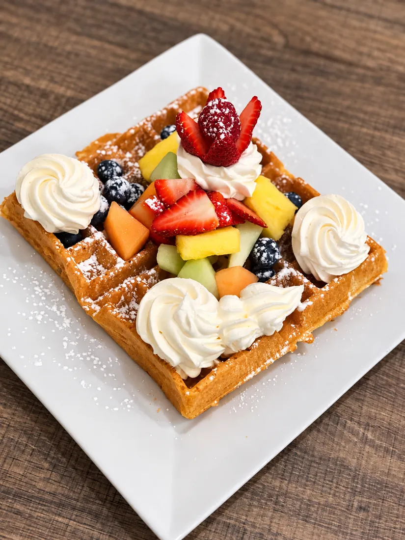 Waffle topped with fresh fruit, berries and whipped cream