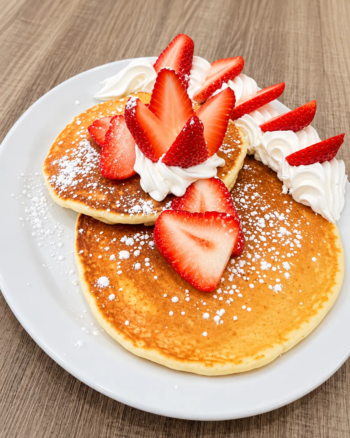 Pancakes topped with fresh strawberries and whipped cream
